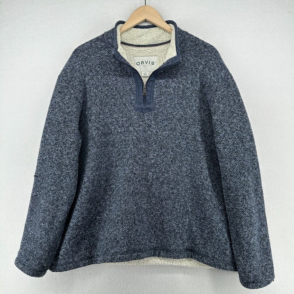 ORVIS Sweater Mens XL Brighton Sherpa Fleece Lined 1/4 Zip Marled Pullover Blue - Picture 2 of 16